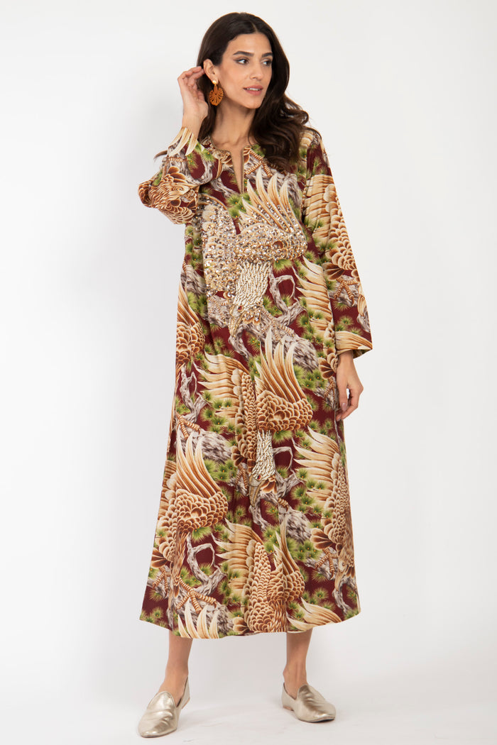 Fajer Cotton Burgundy Embroidered Eagle Dress