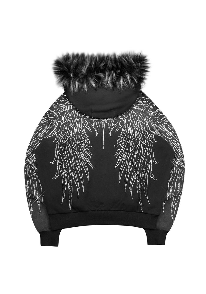 Back view of the washed black zip hoodie featuring rhinestone wing design and detachable fur trim.