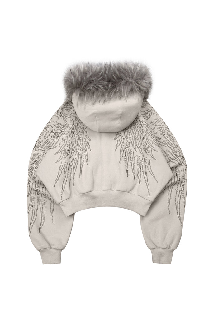 Back view of fallen faux fur studded crop zip hoodie bone with detachable fur and studded wing design.