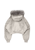 Back view of fallen faux fur studded crop zip hoodie bone with detachable fur and studded wing design.
