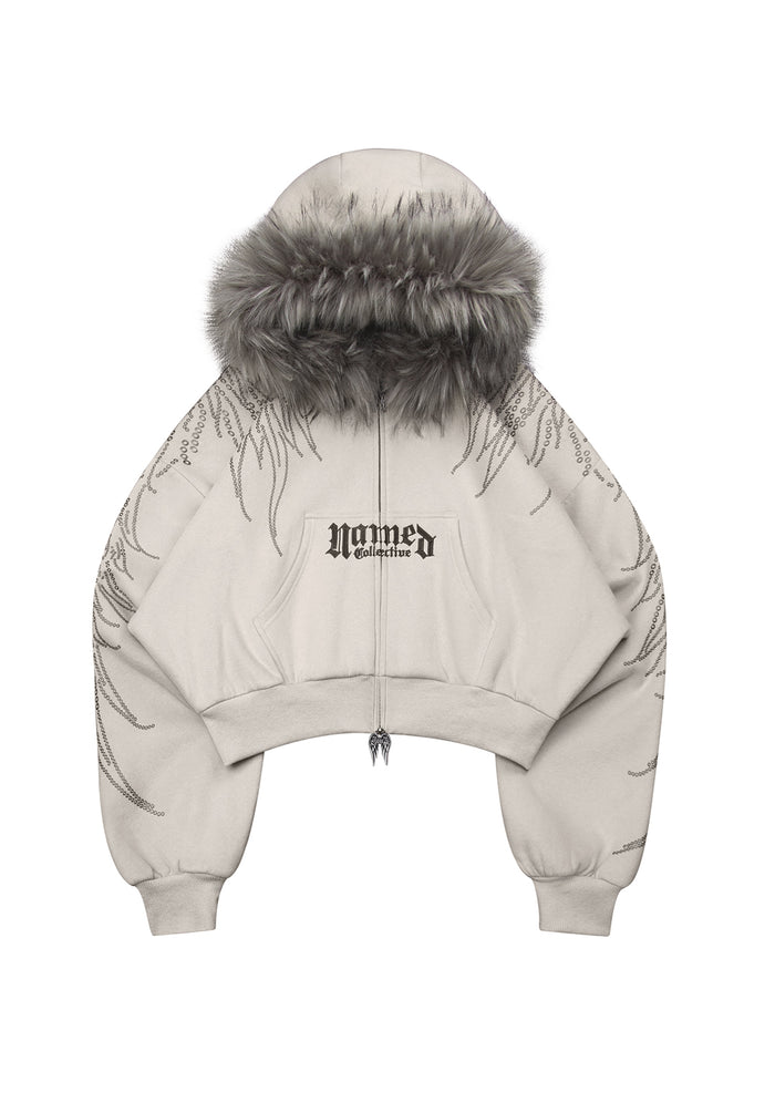 Fallen faux fur studded crop zip hoodie bone with detachable fur and studded wing design, front view.