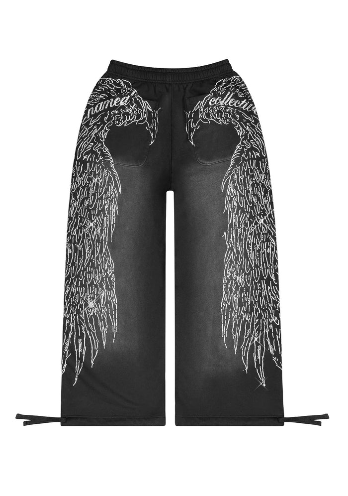 Front view of fallen rhinestone oversized sweatpants in black featuring large rhinestone wing design and back pockets.