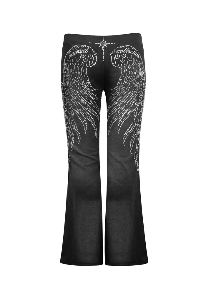 Back view of fallen rhinestone sculpt pants washed black with rhinestone wing design.