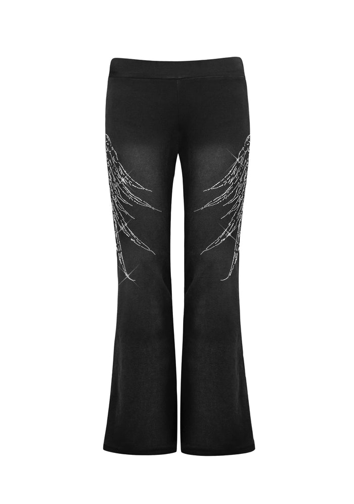 Back view of black sculpt pants featuring rhinestone wing design on each leg,.