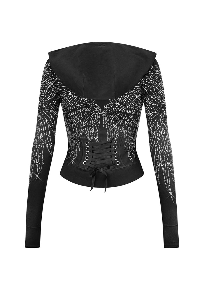 Back view of a sculpt stretch hoodie in black with rhinestone wing design and black ribbon lacing.