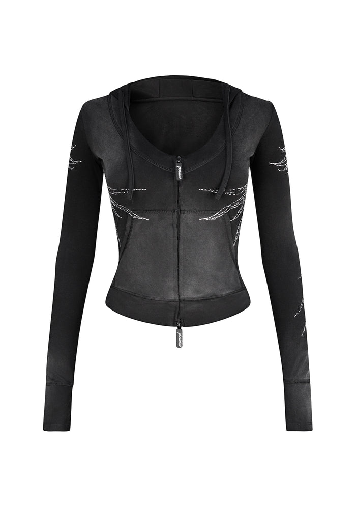 Front view of a black hoodie featuring rhinestone embellishments and a zip front.