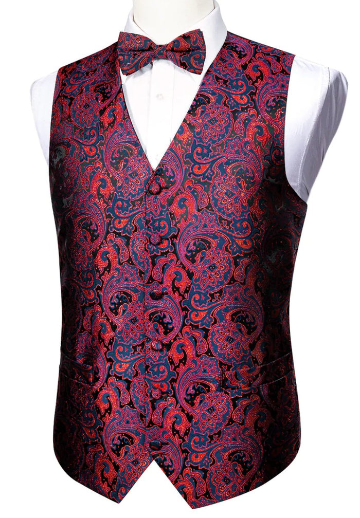 Fashion Men's Red Blue Paisley Silk Vest Bowtie Pocket square Cufflinks-MJ-2504 - SimonVon Shop