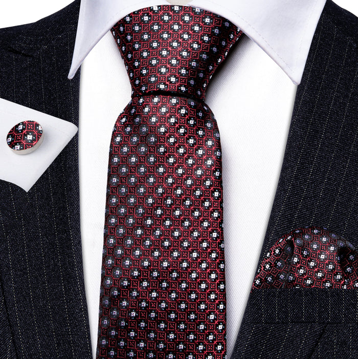 Fashion Red White Striped Silk Tie Handkerchief Cufflinks Set-N-6079 - SimonVon Shop