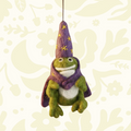 Forager Provisions LTD handmade felt frog wizard ornament wearing a purple star-patterned cloak and pointed hat