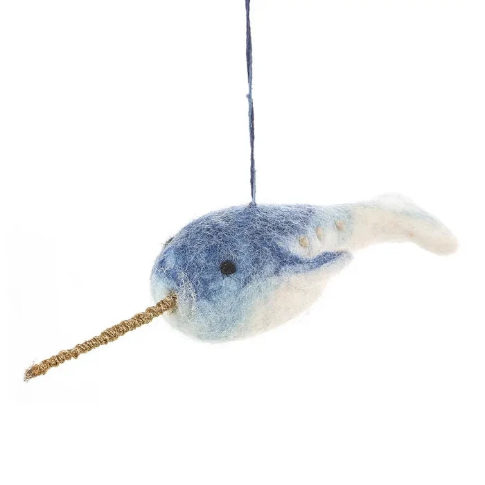 Handmade Felt So Good Narwhal Ornament with wool felt, blue hanging loop, and detailed horn. Cute marine decor gift.