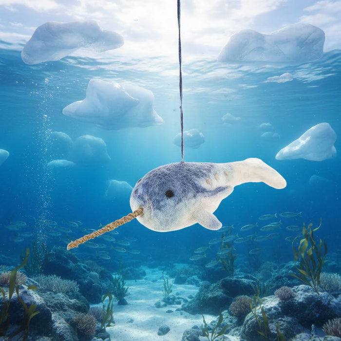 Forager Provisions LTD handmade felt narwhal ornament with a textured gold tusk hanging in an underwater ocean scene.