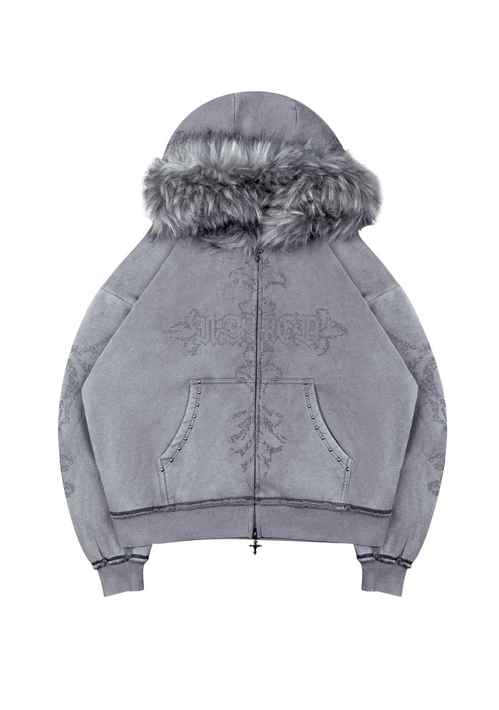 FERAL FAUX FUR STUDDED ZIP HOODIE WASHED GREY (DETACHABLE FUR)