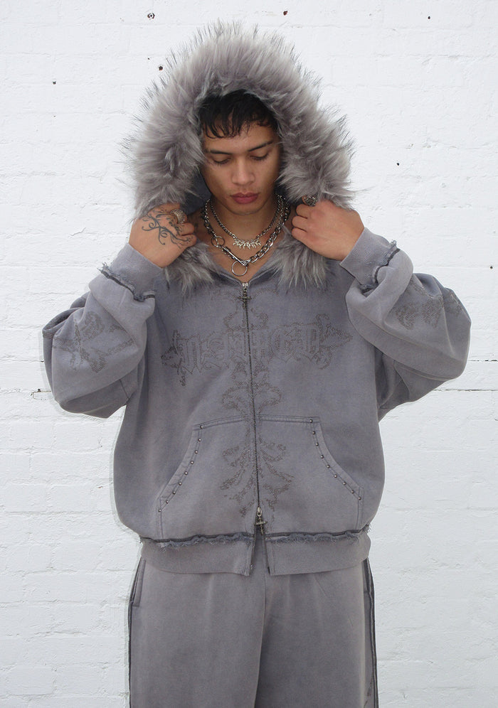 FERAL FAUX FUR STUDDED ZIP HOODIE WASHED GREY (DETACHABLE FUR)