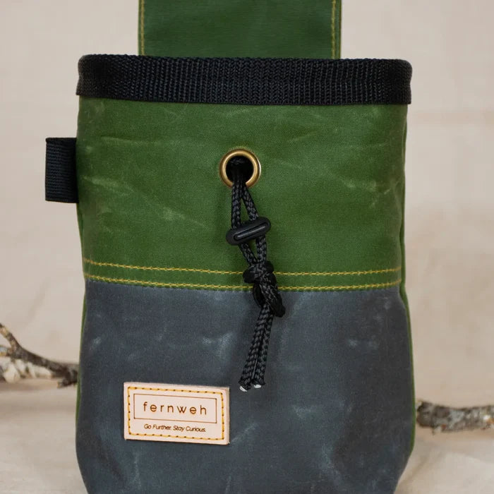 Fernweh UK Waxed Canvas Chalk Bag in Moss/Scree, rock climbing gear with drawstring closure and signature Fernweh patch.