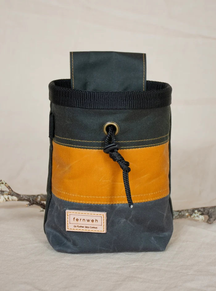 Fernweh UK Waxed Canvas Chalk Bag Sand/Scree, handcrafted in Scotland, features drawstring closure & Fernweh label.