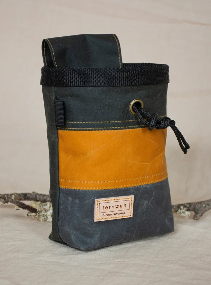 Fernweh UK waxed canvas chalk bag in Sand/Scree, handmade in Scotland, featuring Fernweh label. Durable climbing gear.
