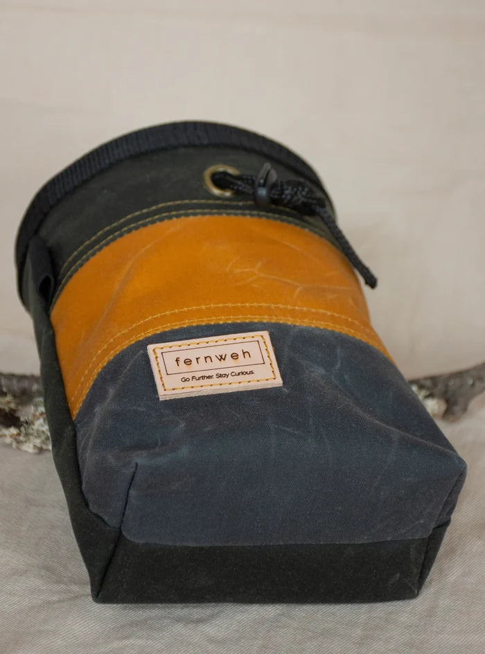 Fernweh Sand/Scree waxed canvas chalk bag with drawstring, branded label. Handcrafted climbing gear made in Scotland.