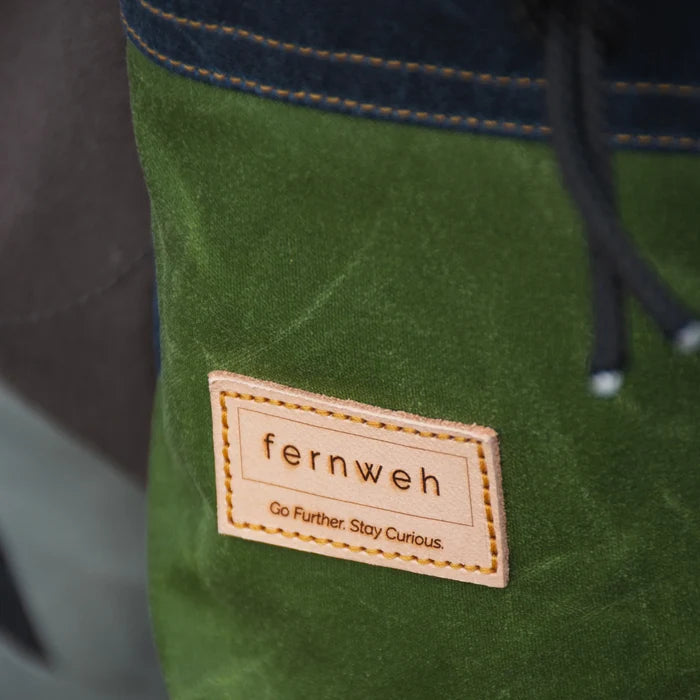 Fernweh UK Moss/Scree Waxed Canvas Chalk Bag, leather patch—Go Further. Durable climbing gear for curious adventurers.