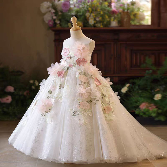 Floral Girl Dress Tulle Train for kids Birthday Pageant Party J197