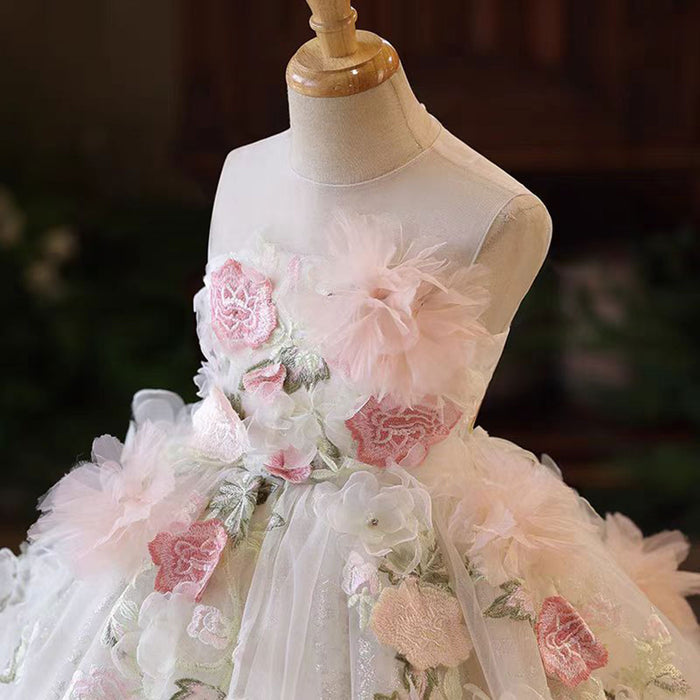 Floral Girl Dress Tulle Train for kids Birthday Pageant Party J197