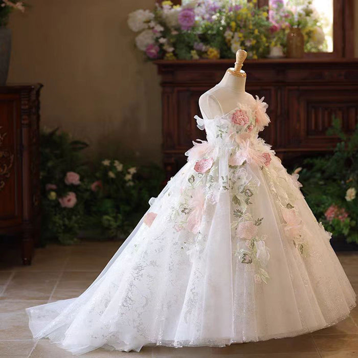 Floral Girl Dress Tulle Train for kids Birthday Pageant Party J197