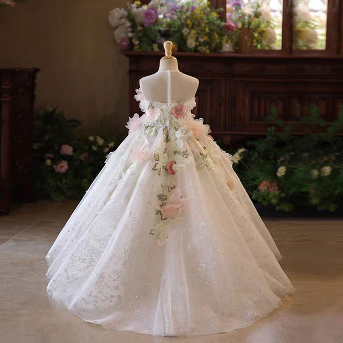 Floral Girl Dress Tulle Train for kids Birthday Pageant Party J197