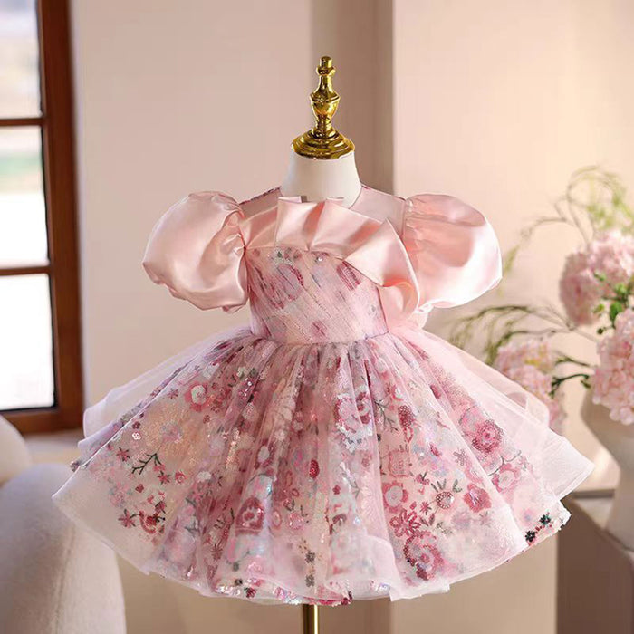 Floral Pink Girl Dress Tulle Princess Toddler Kids 1st Birthday Party J499