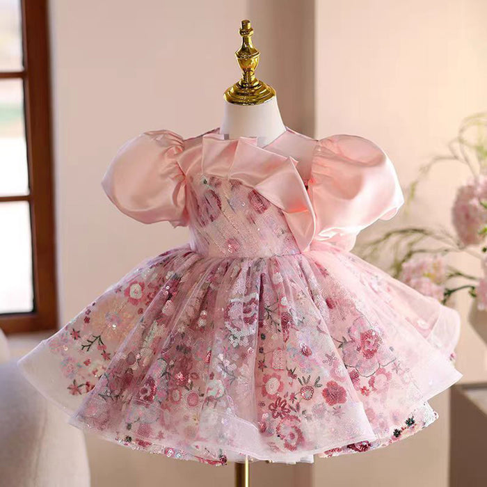 Floral Pink Girl Dress Tulle Princess Toddler Kids 1st Birthday Party J499