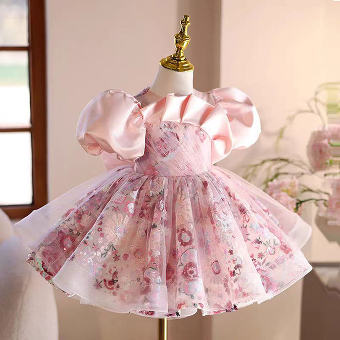 Floral Pink Girl Dress Tulle Princess Toddler Kids 1st Birthday Party J499