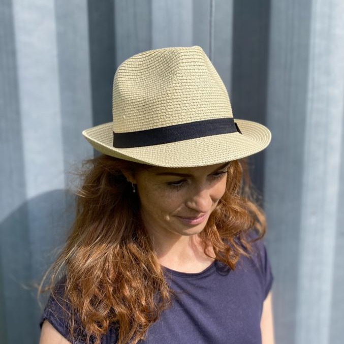 Folding Travel Trilby Sun Hat with a Black Ribbon (61cm)