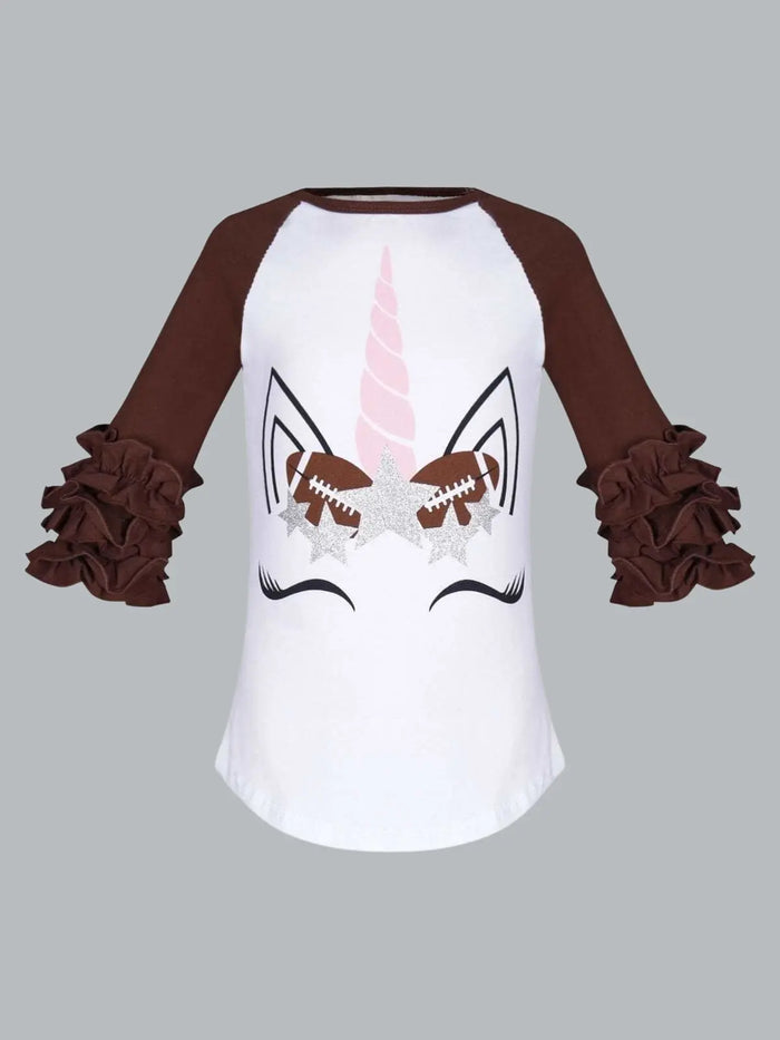 Girls Unicorn Football Raglan Ruffle Sleeve Top - Mia Belle Girls