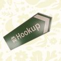 Forager Provisions green aluminum sign (45x15) with “Hookup”, van icon, arrow, floral backdrop. Camping gear decor.