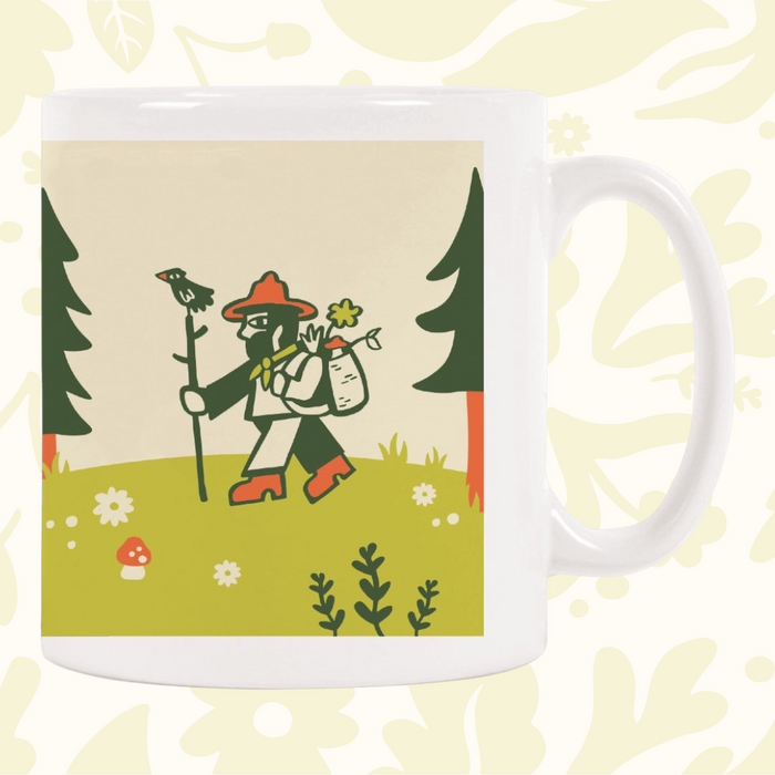 Forager Provisions LTD ceramic mug featuring a whimsical illustration of a mushroom picker and bird in a forest