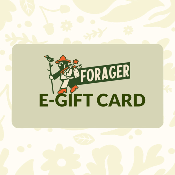 Forager Provisions LTD digital e-gift card with a green background and a stylized forager illustration
