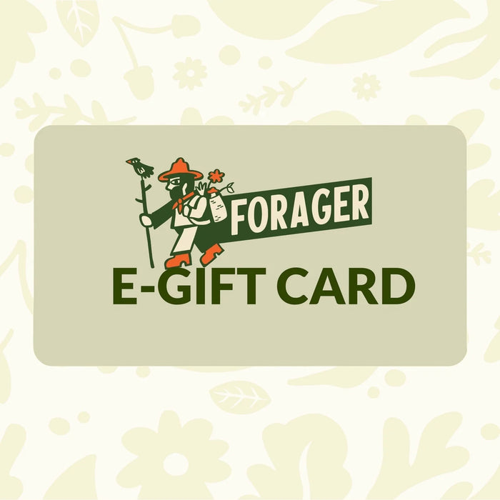 Forager Provisions LTD electronic gift card featuring a stylized illustration of a forager on a sage green background.