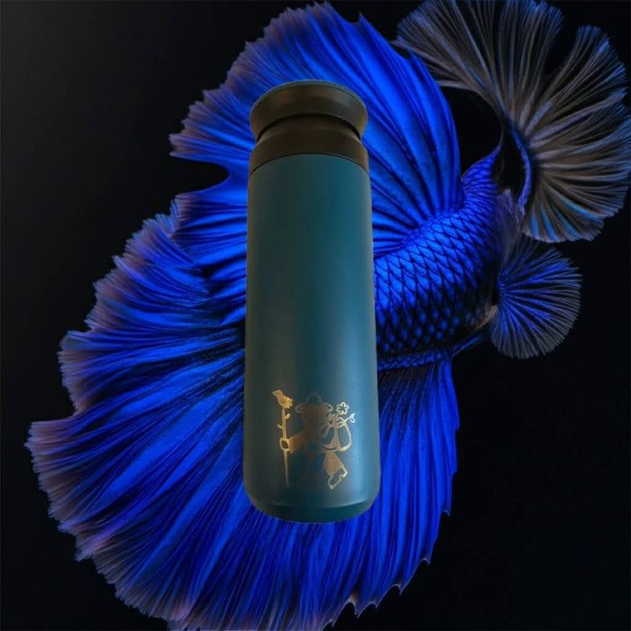 Forager Provisions 500ml Betta Fish Blue Travel Mug with gold bear, vibrant blue fish pattern, premium insulated mug.