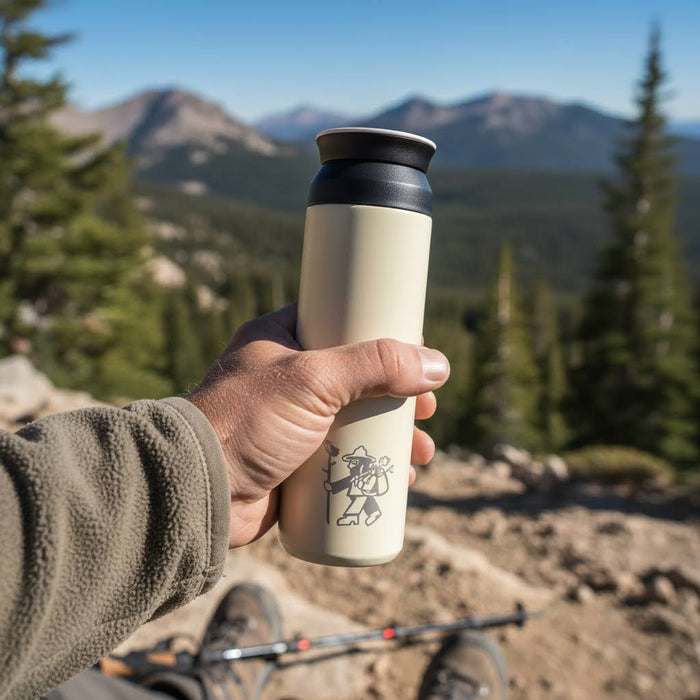 Hand holding Forager Provisions 500ml Travel Mug with bear, mountain, tree design; hiking poles nearby outdoors.