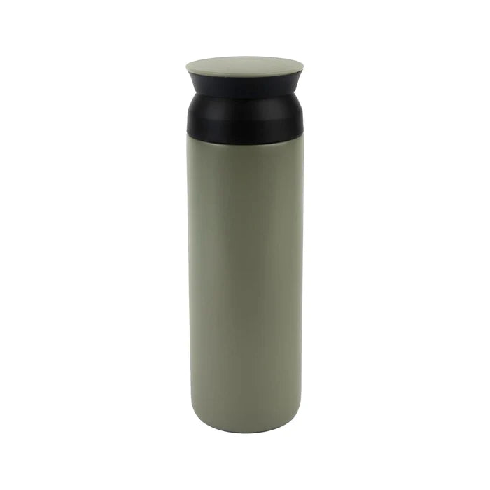 Forager Provisions Mossy Stone 500ml mug, matte light green with black lid, standing upright on white background.