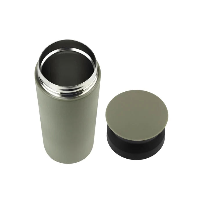 Forager Provisions Mossy Stone 500ml travel mug flask open with lid off on white, reusable insulated coffee thermos.