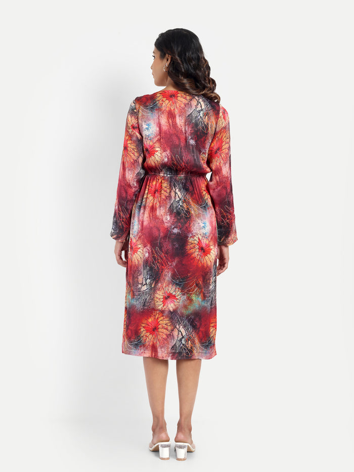 Women’s red floral Fortu dress with wrap style, flowy midi fit and elegant stylish design