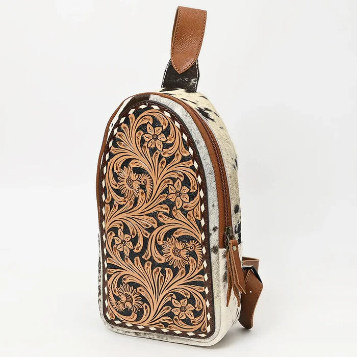 Genuine Leather Sling Tooled Cow Print Bag