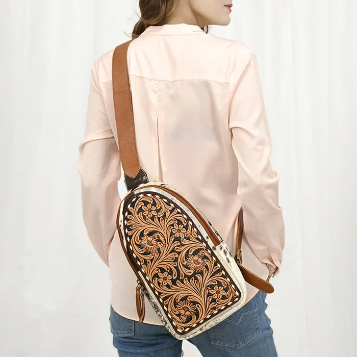 Genuine Leather Sling Tooled Cow Print Bag