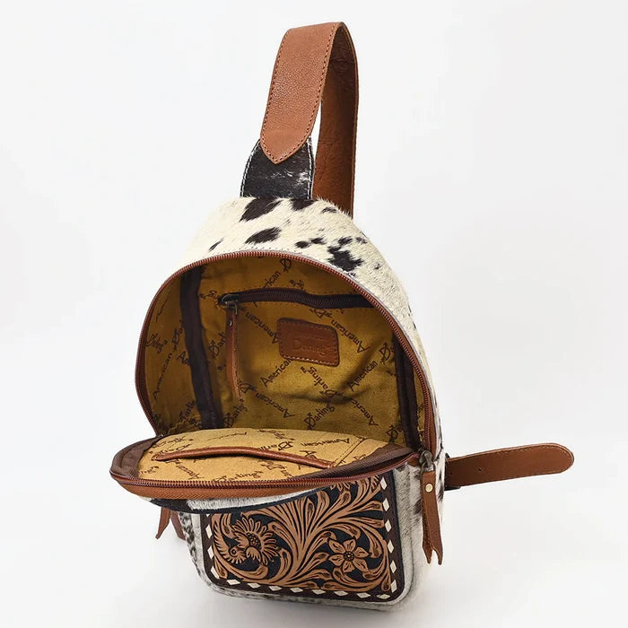 Genuine Leather Sling Tooled Cow Print Bag
