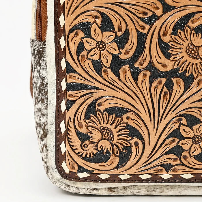 Genuine Leather Sling Tooled Cow Print Bag