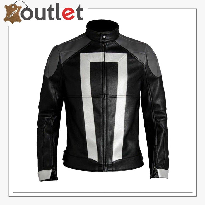 Ghost Rider style cosplay costume jacket in black artificial leather with shoulder spikes, front view