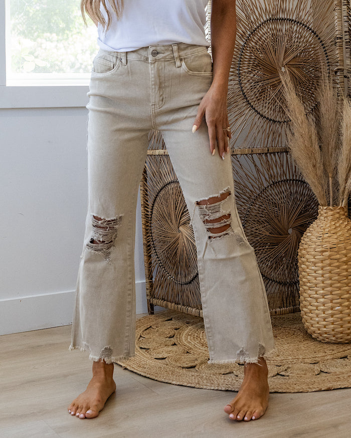 Gia Wide Leg Distressed Cropped Jeans - Sand Beige SALE Zenana