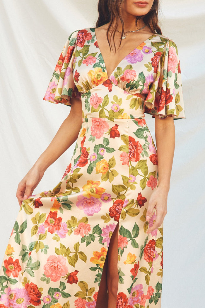 Gift Of Love Flutter Sleeve Plunging Maxi Dress
