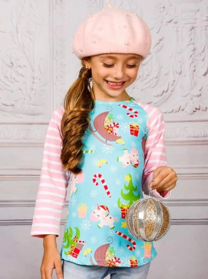 Girls Christmas Themed Unicorn Print Raglan Long Sleeve Top with Elbow Patches - Girls Christmas Top