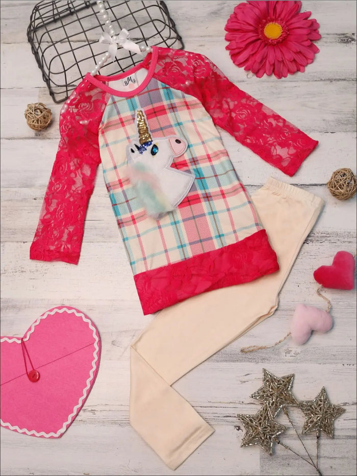 Girls Plaid Lace Trimmed Raglan Sleeve Tunic & Leggings Set - Pink / 2T/3T - Girls Fall Casual Set