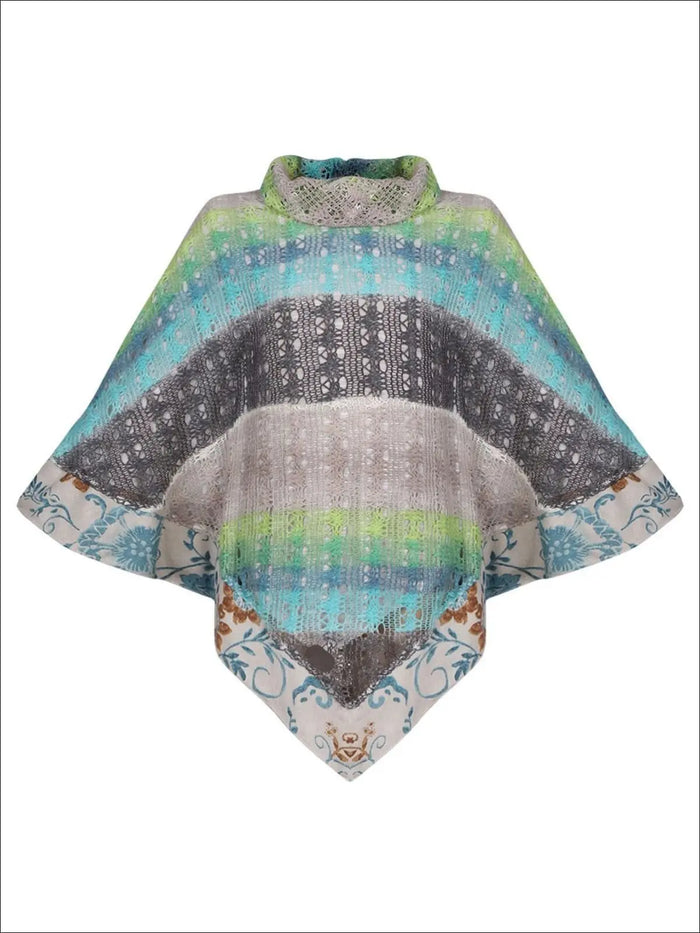 Girl Knit Turtle Neck Crochet Tasseled Poncho Top - Blue / 2T/3T - Girls Poncho